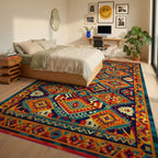 Bold Earthy Tribal Diamond Medallion Rug - Bedroom View