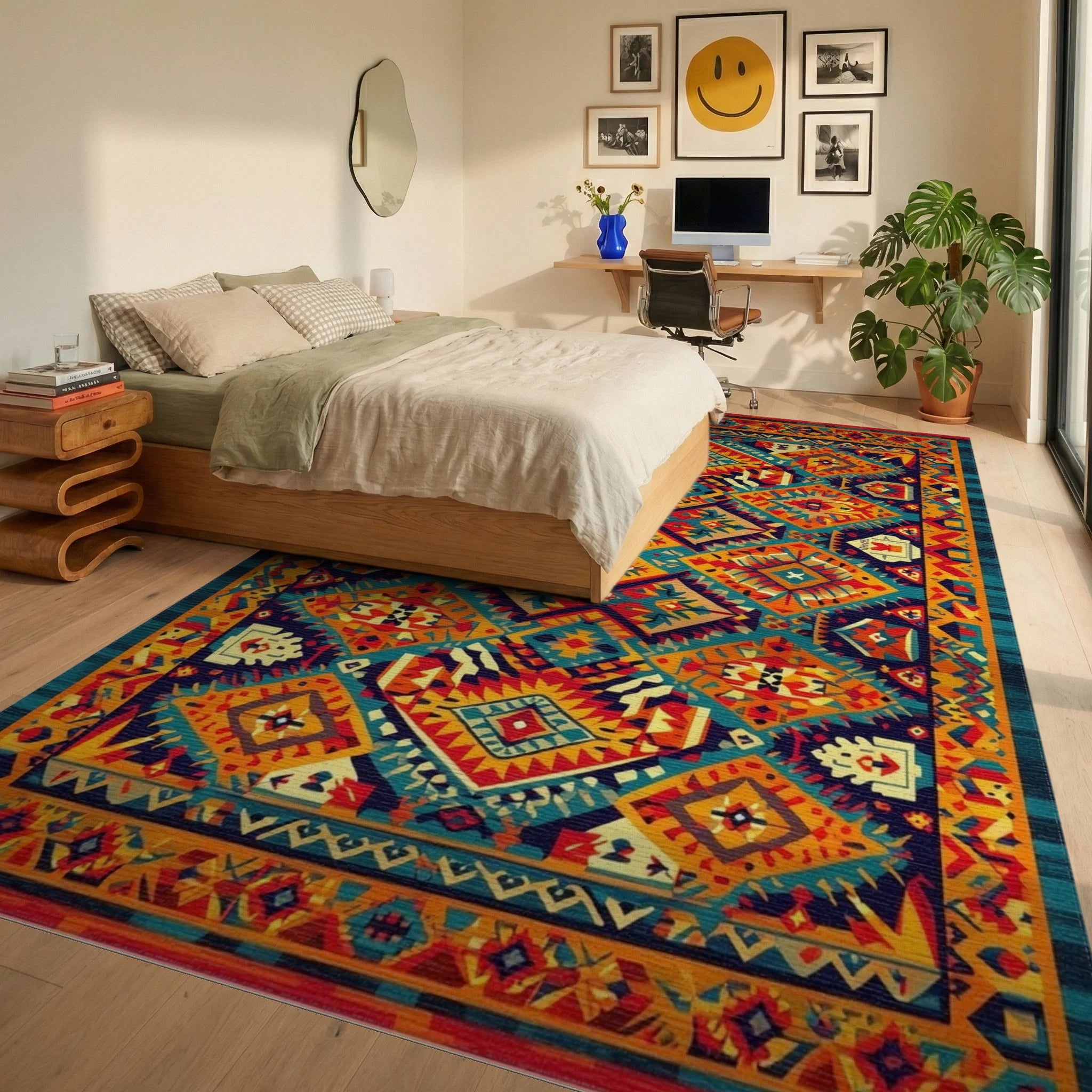 Bold Earthy Tribal Diamond Medallion Rug - Bedroom View