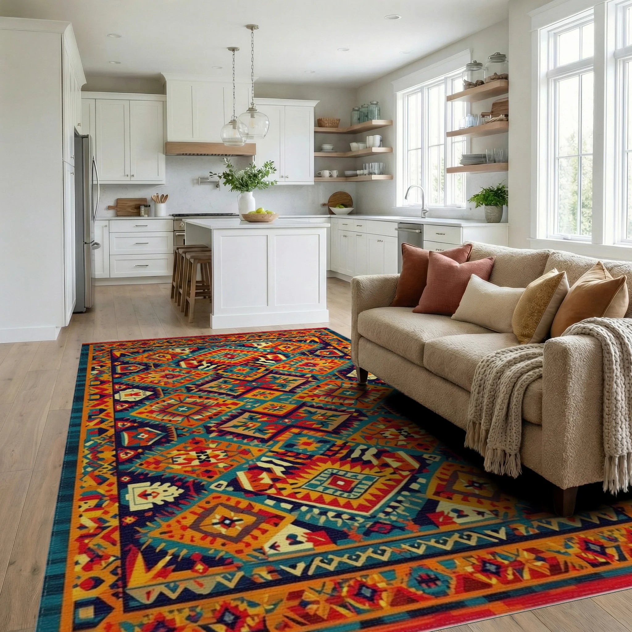 Bold Earthy Tribal Diamond Medallion Rug - Living Room View