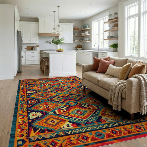 Bold Earthy Tribal Diamond Medallion Rug - Living Room View