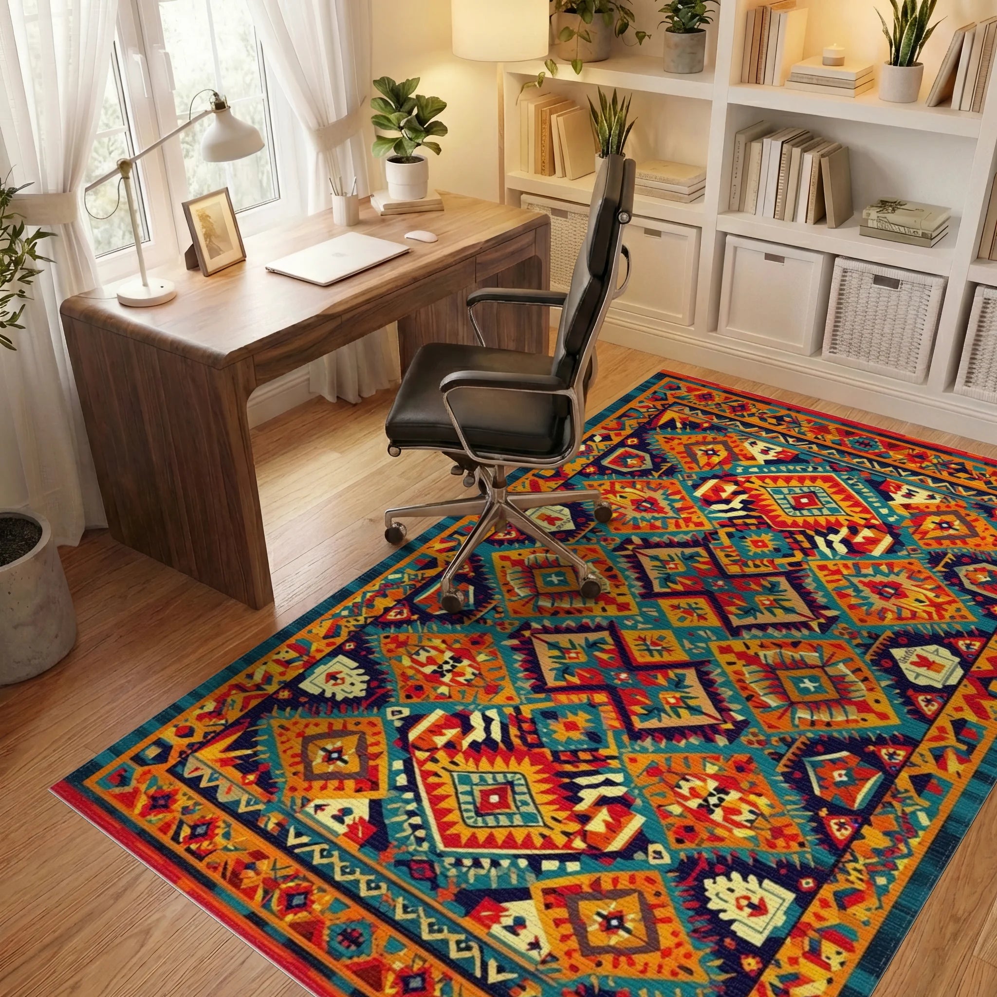 Bold Earthy Tribal Diamond Medallion Rug - Office View
