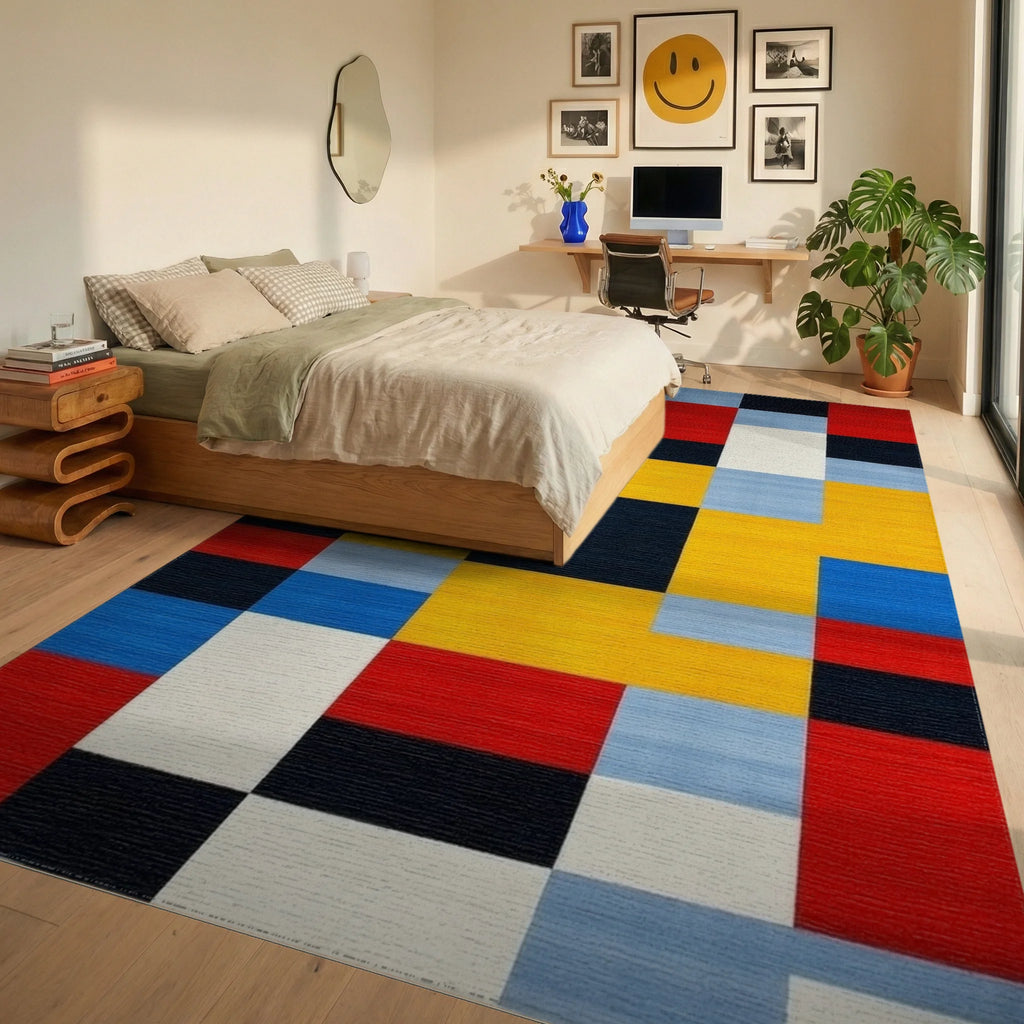 Bold Geometric Primary Colors Rug - Bedroom View