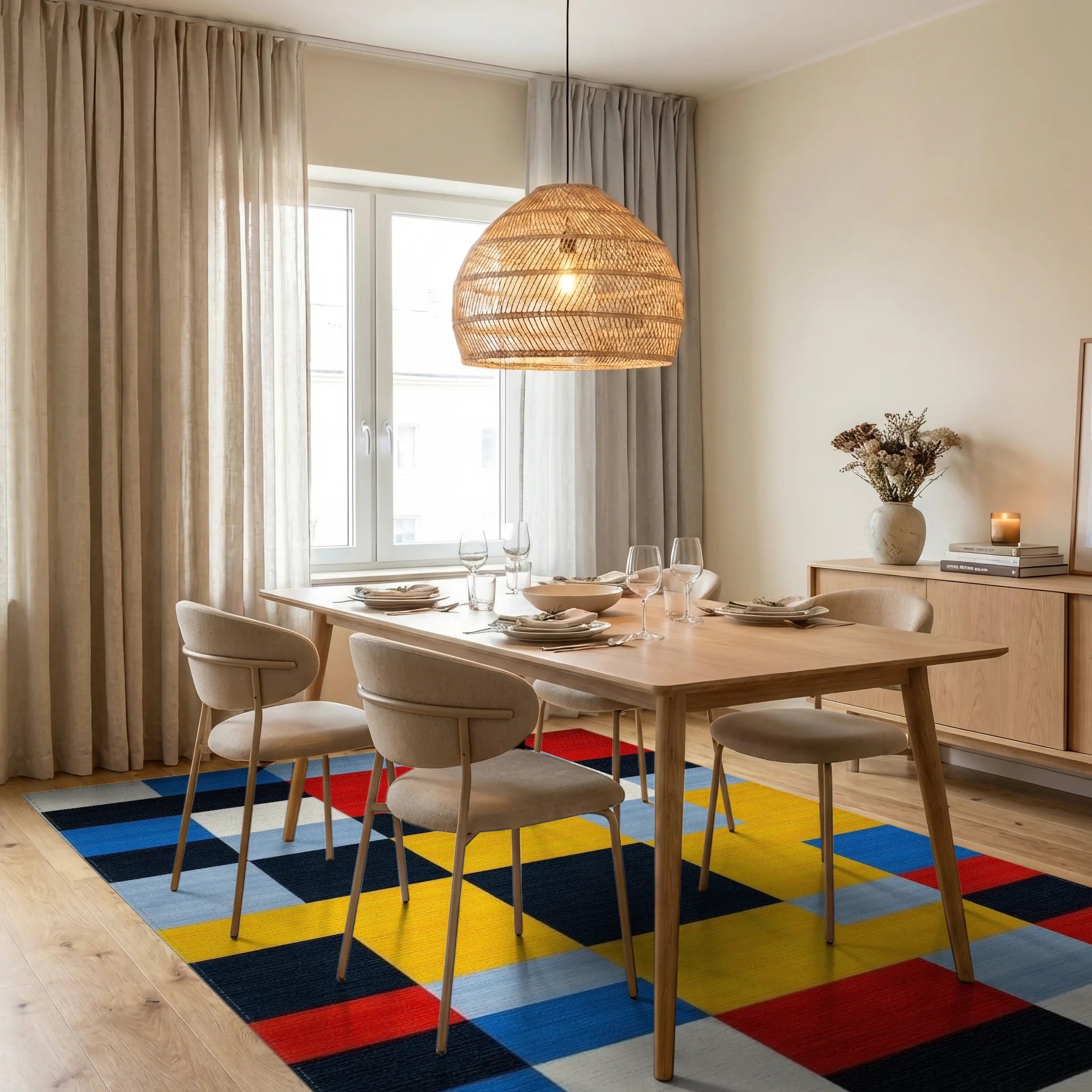 Bold Geometric Primary Colors Rug - Dining Room View