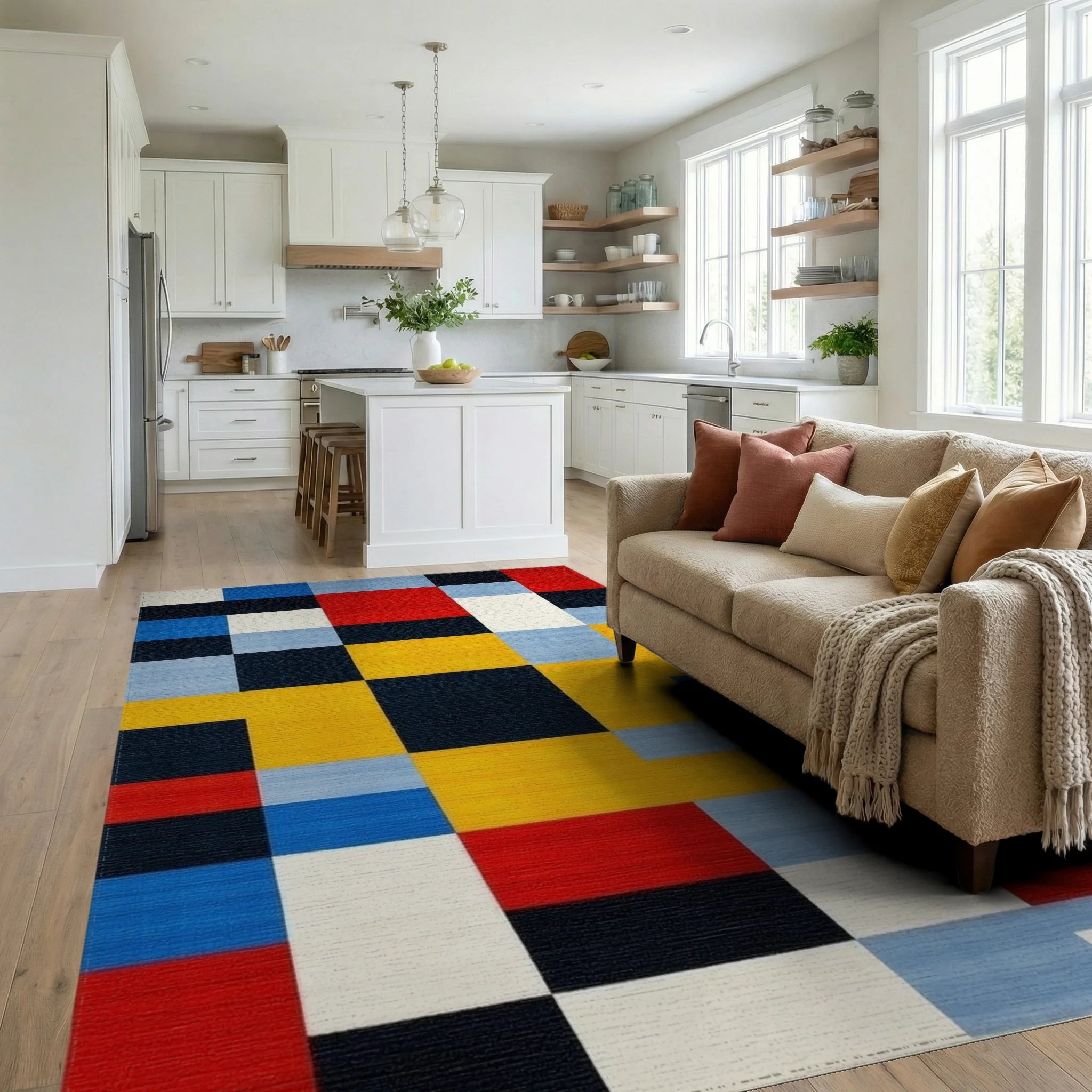 Bold Geometric Primary Colors Rug - Living Room View