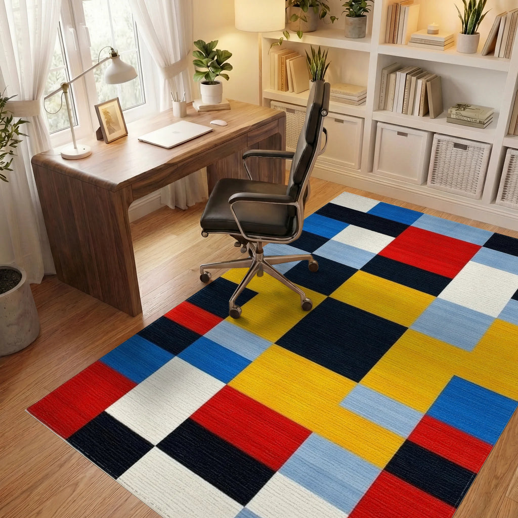 Bold Geometric Primary Colors Rug - Office View