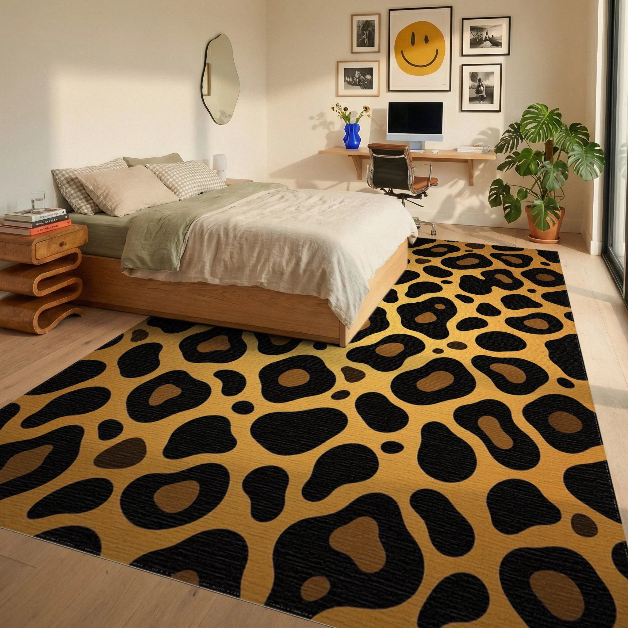 Bold Gold Leopard Animal Spot Rug Bedroom View