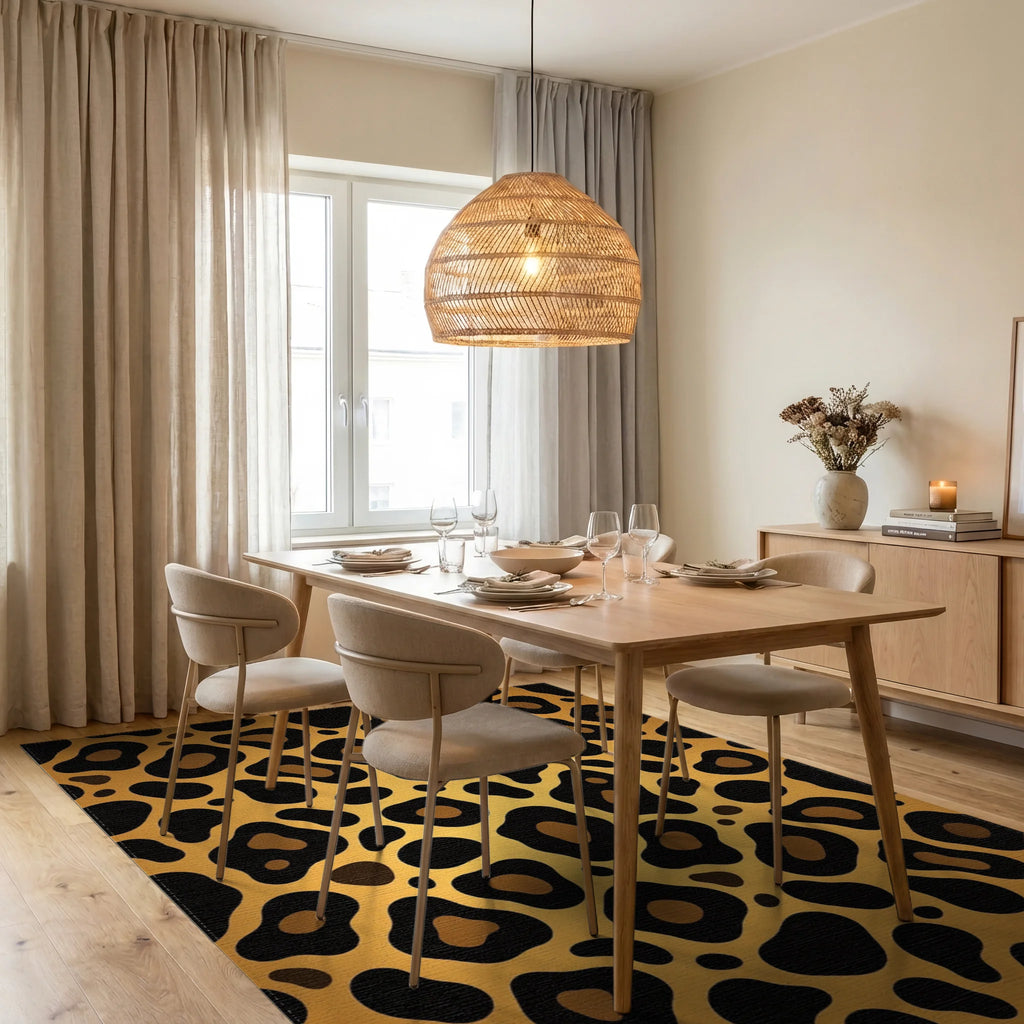 Bold Gold Leopard Animal Spot Rug Dining Room View