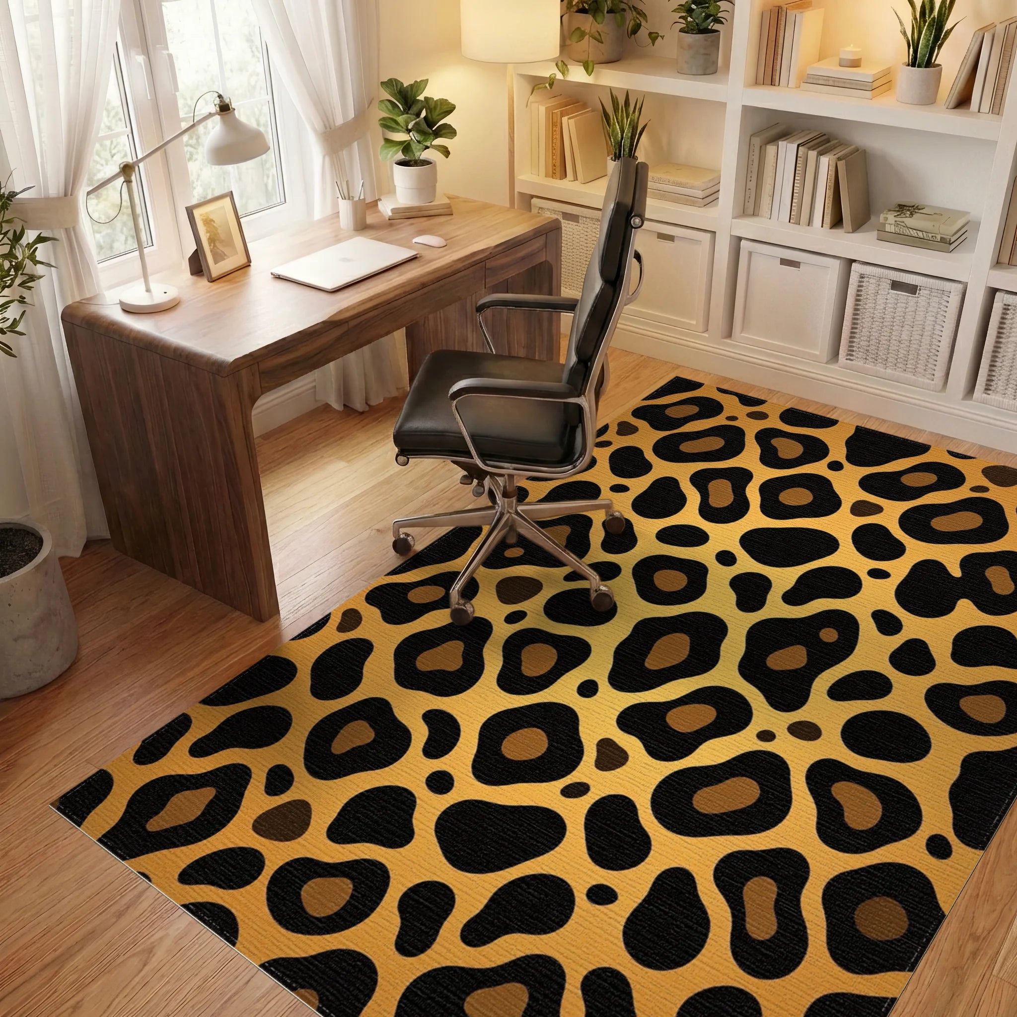 Bold Gold Leopard Animal Spot Rug Office View