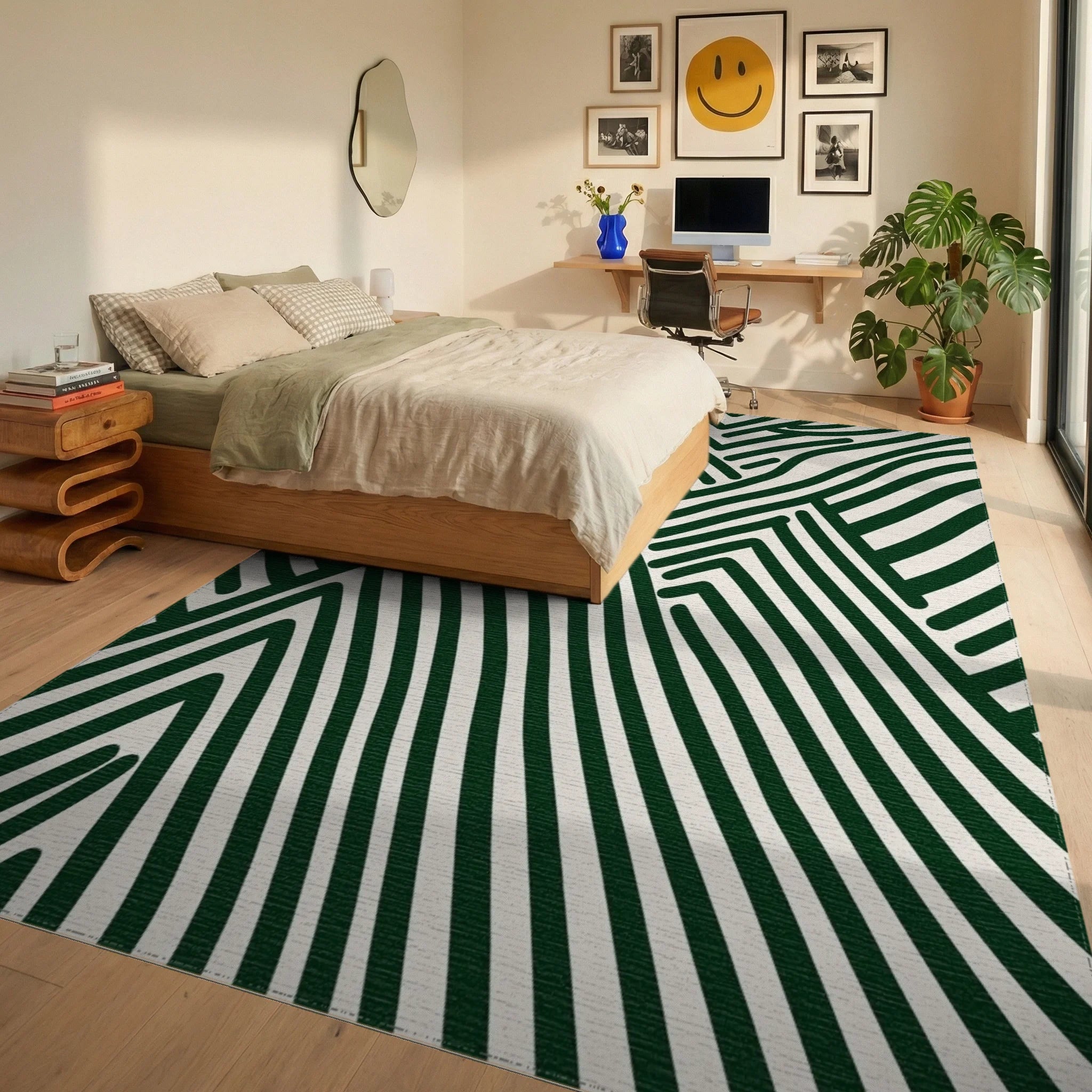 Bold Green Wavy Art Pattern Rug - Bedroom View