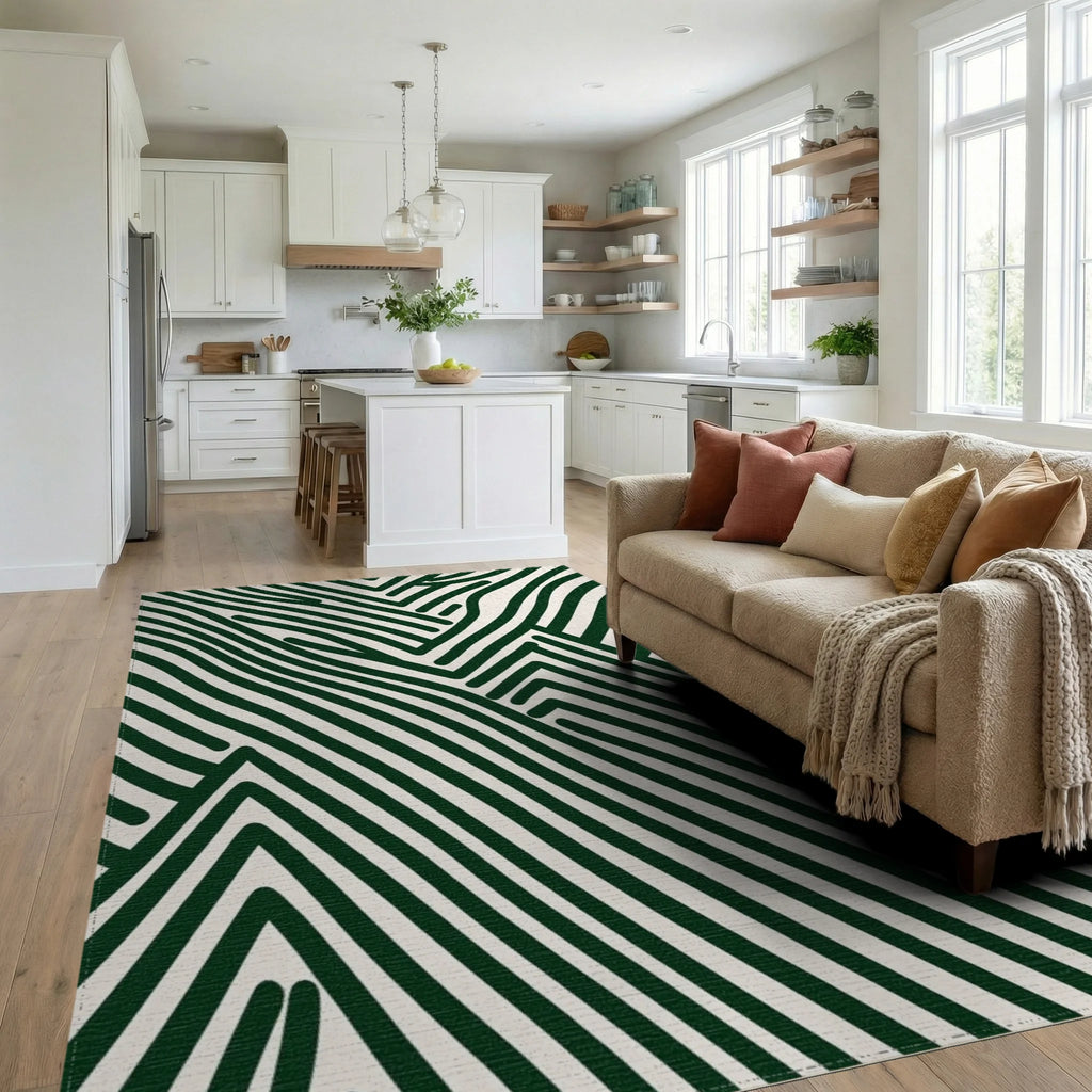Bold Green Wavy Art Pattern Rug - Living Room View