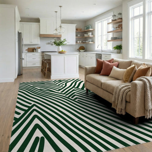 Bold Green Wavy Art Pattern Rug - Living Room View