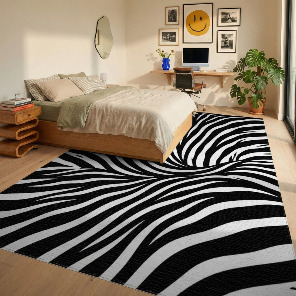 Bold Monochrome Zebra Striped Wave Rug Bedroom View