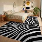 Bold Monochrome Zebra Striped Wave Rug Bedroom View
