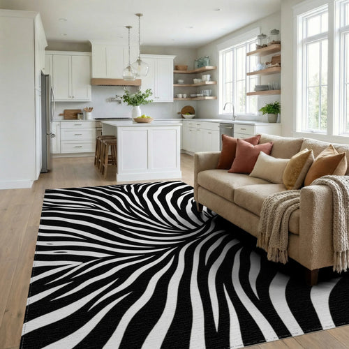 Bold Monochrome Zebra Striped Wave Rug Living Room View