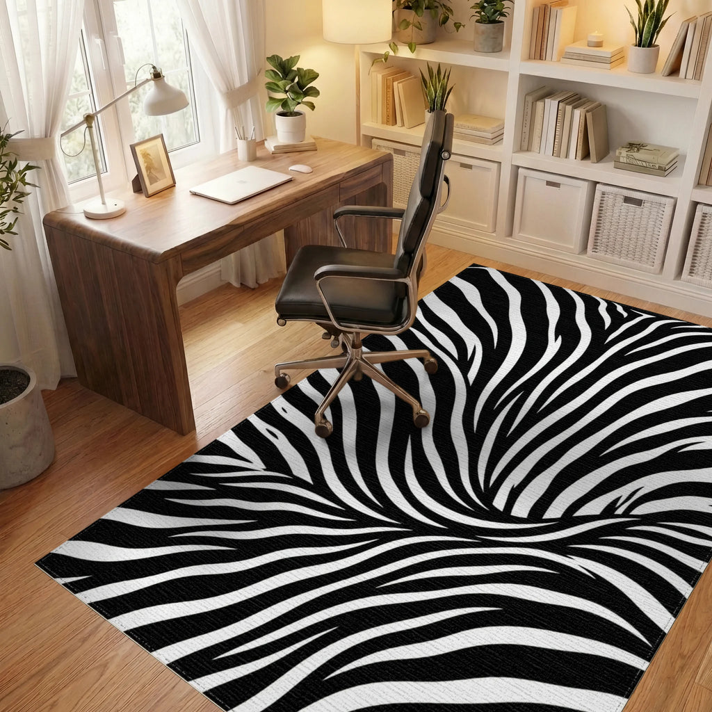 Bold Monochrome Zebra Striped Wave Rug Office View