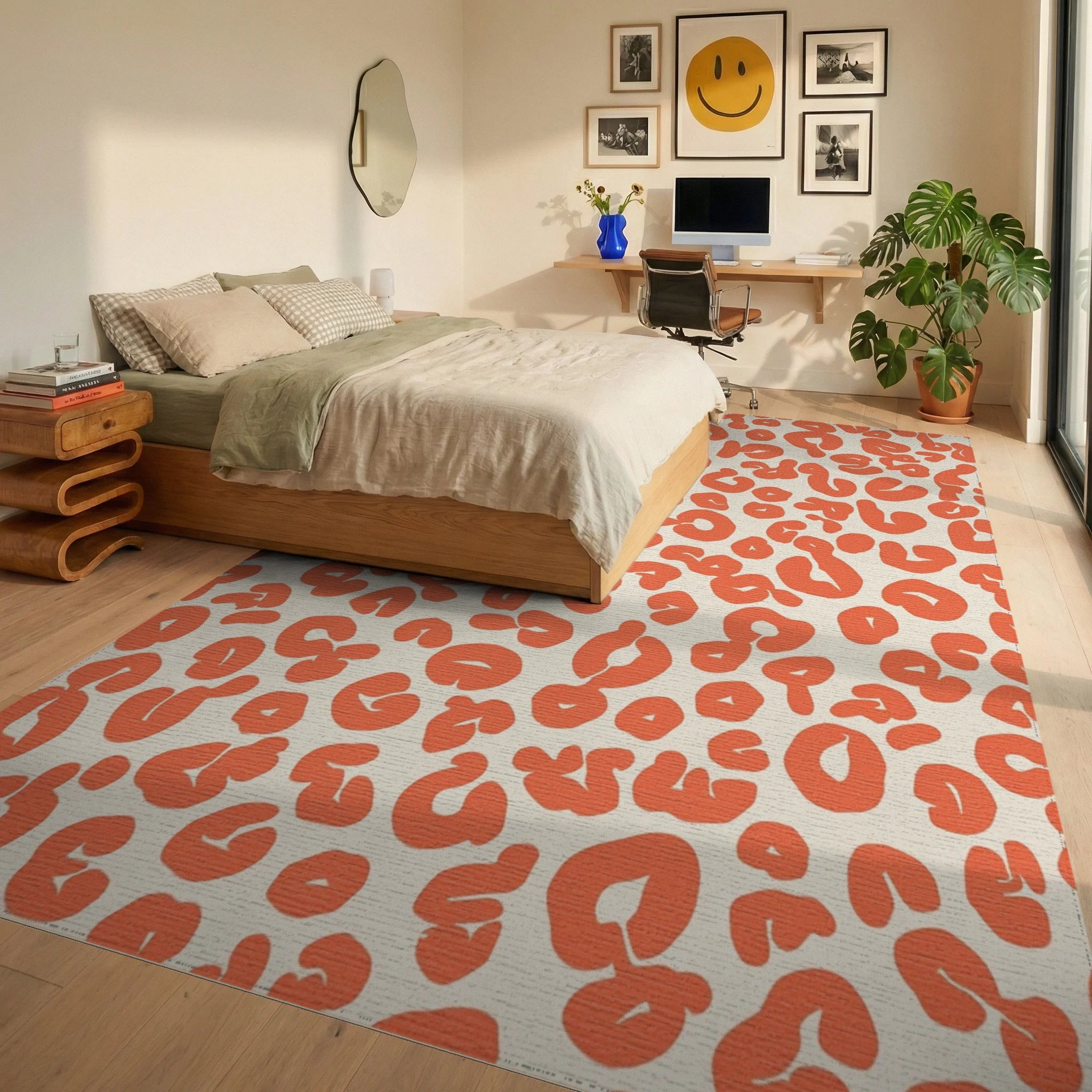 Bold Orange Animal Print Rug Bedroom View