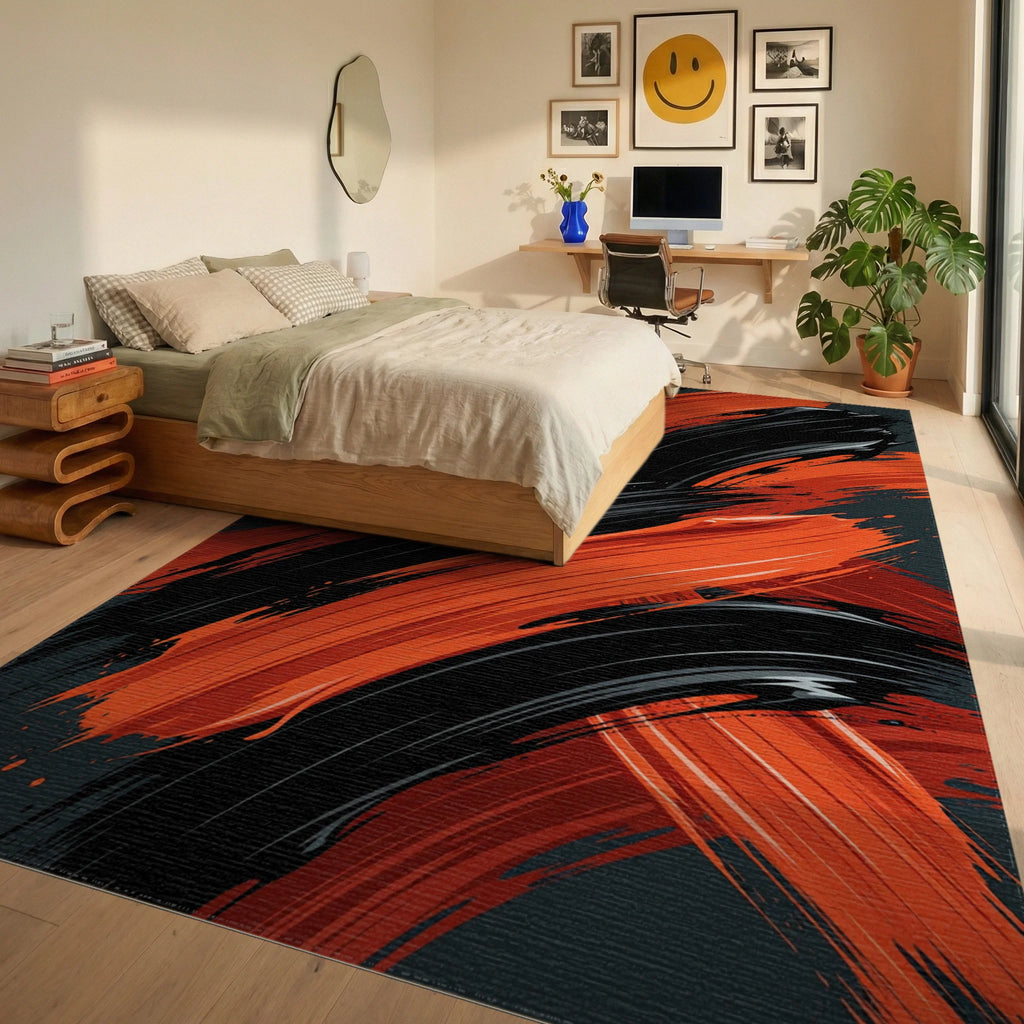 Bold Orange Black Brush Strokes Rug Bedroom View