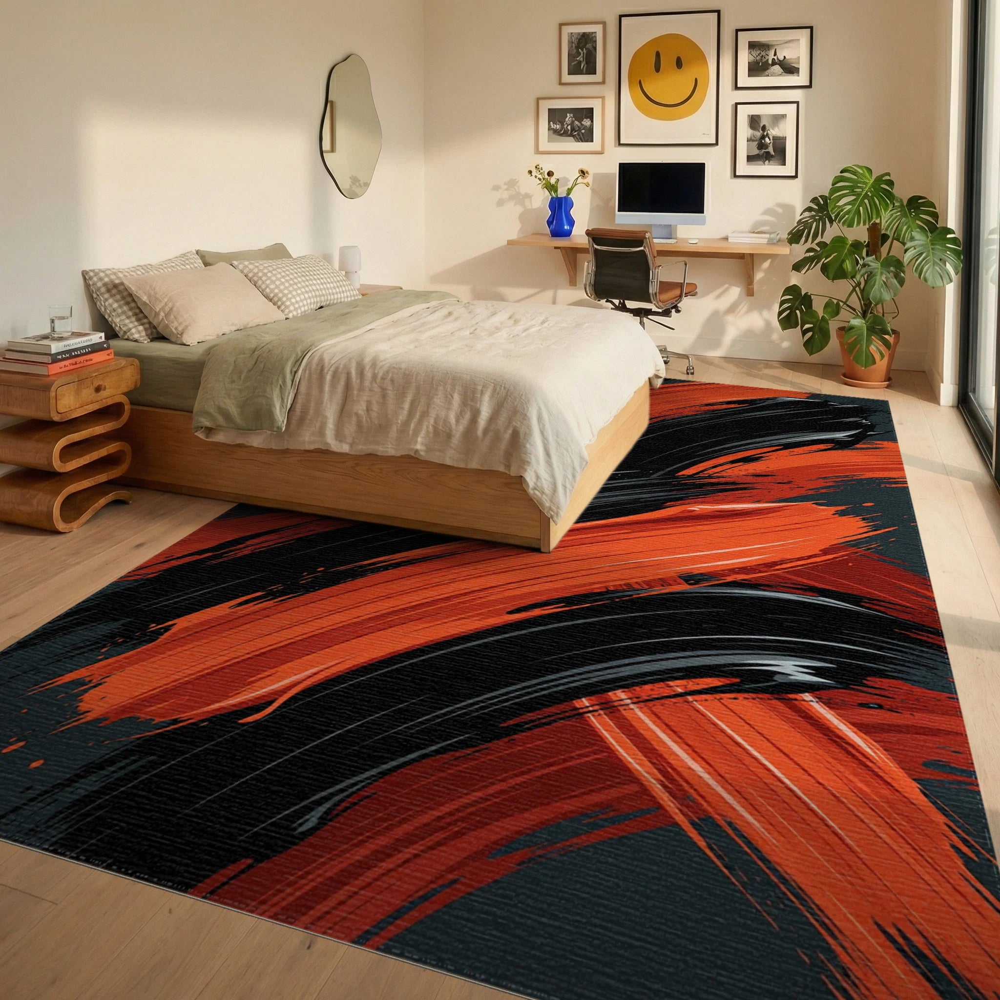 Bold Orange Black Brush Strokes Rug Bedroom View