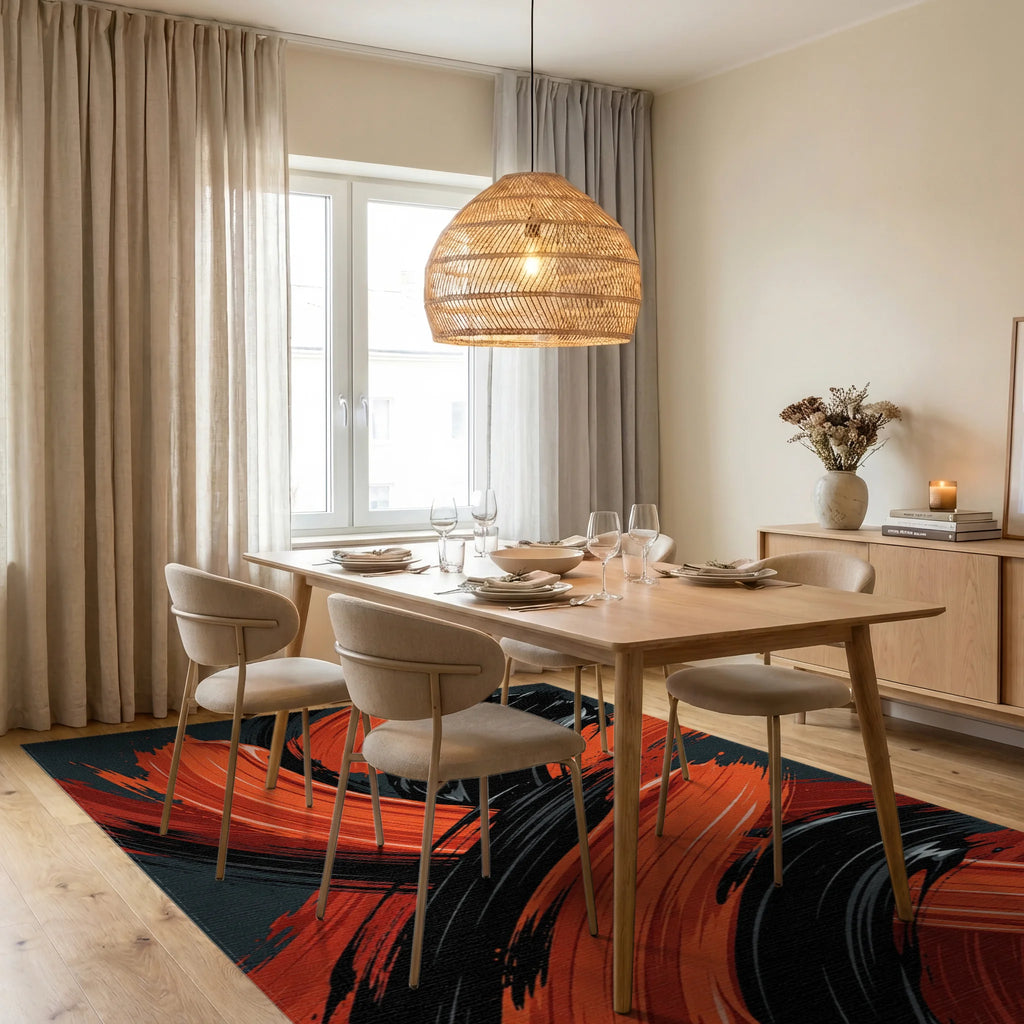Bold Orange Black Brush Strokes Rug Dining Room View