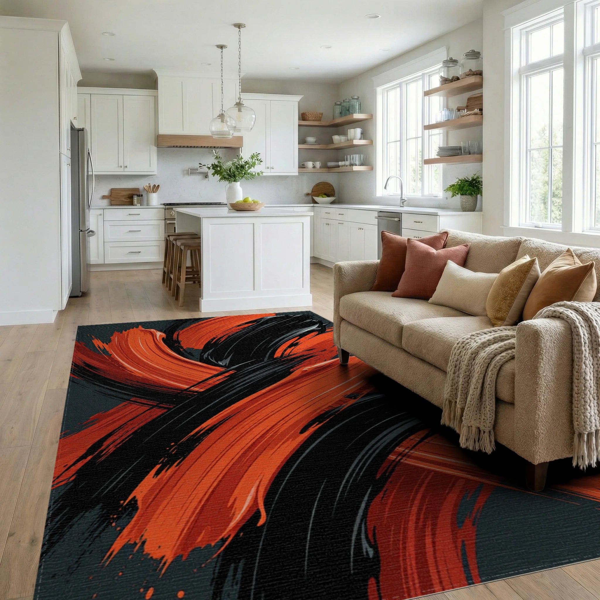 Bold Orange Black Brush Strokes Rug Living Room View