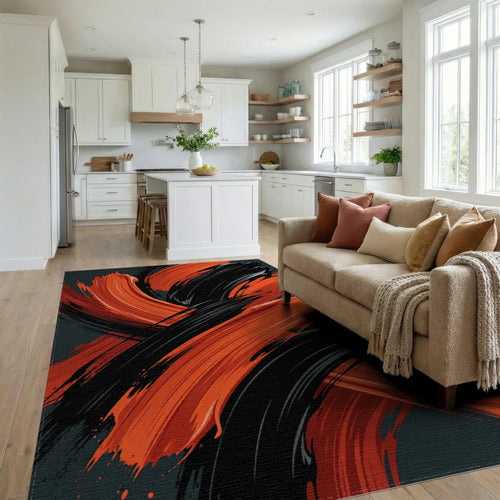 Bold Orange Black Brush Strokes Rug Living Room View
