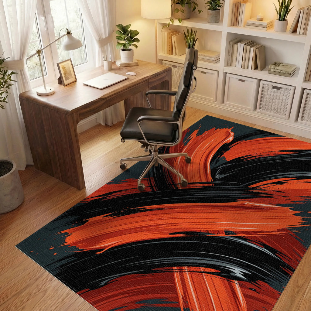 Bold Orange Black Brush Strokes Rug Office View