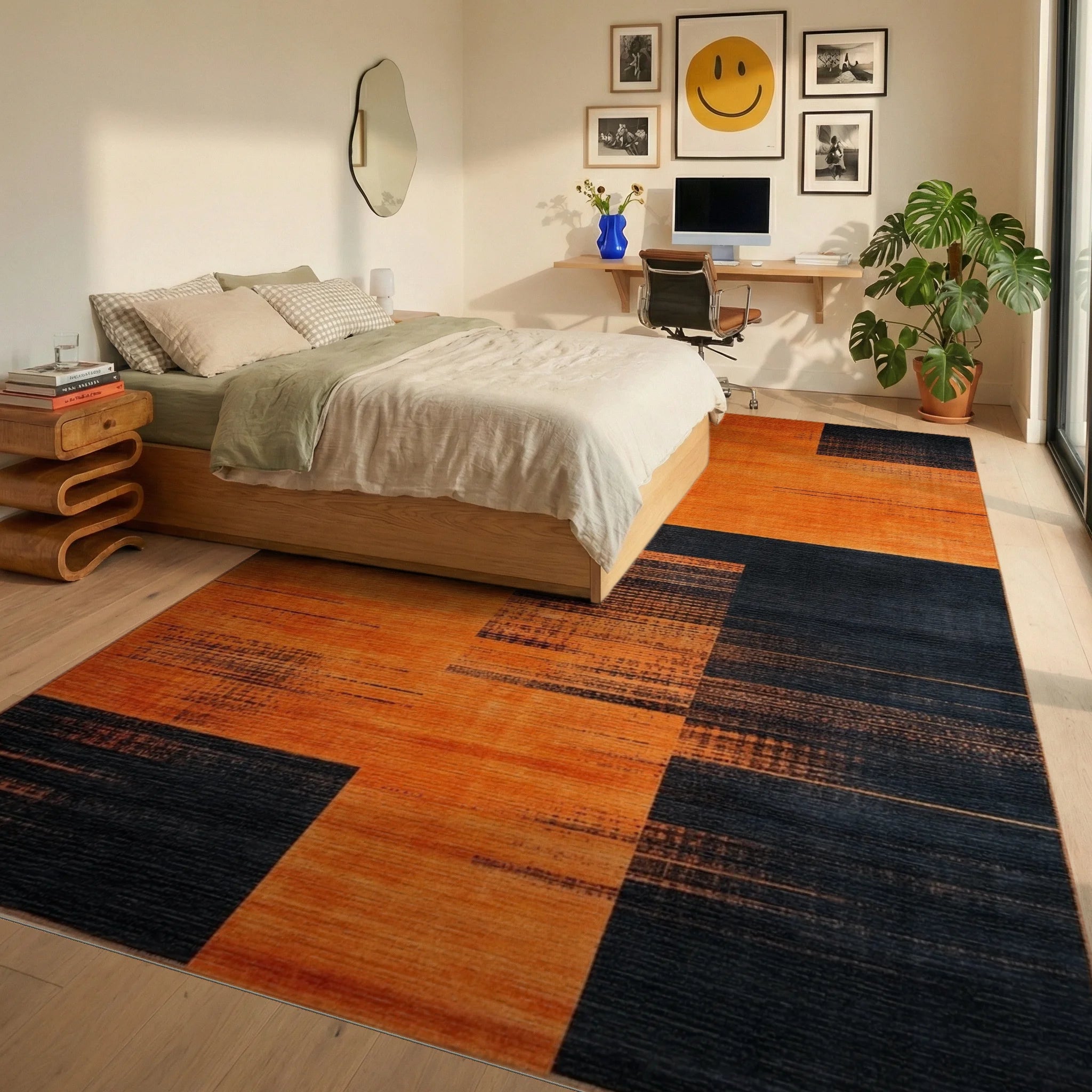 Bold Orange Black Geometric Blocks Rug - Bedroom View
