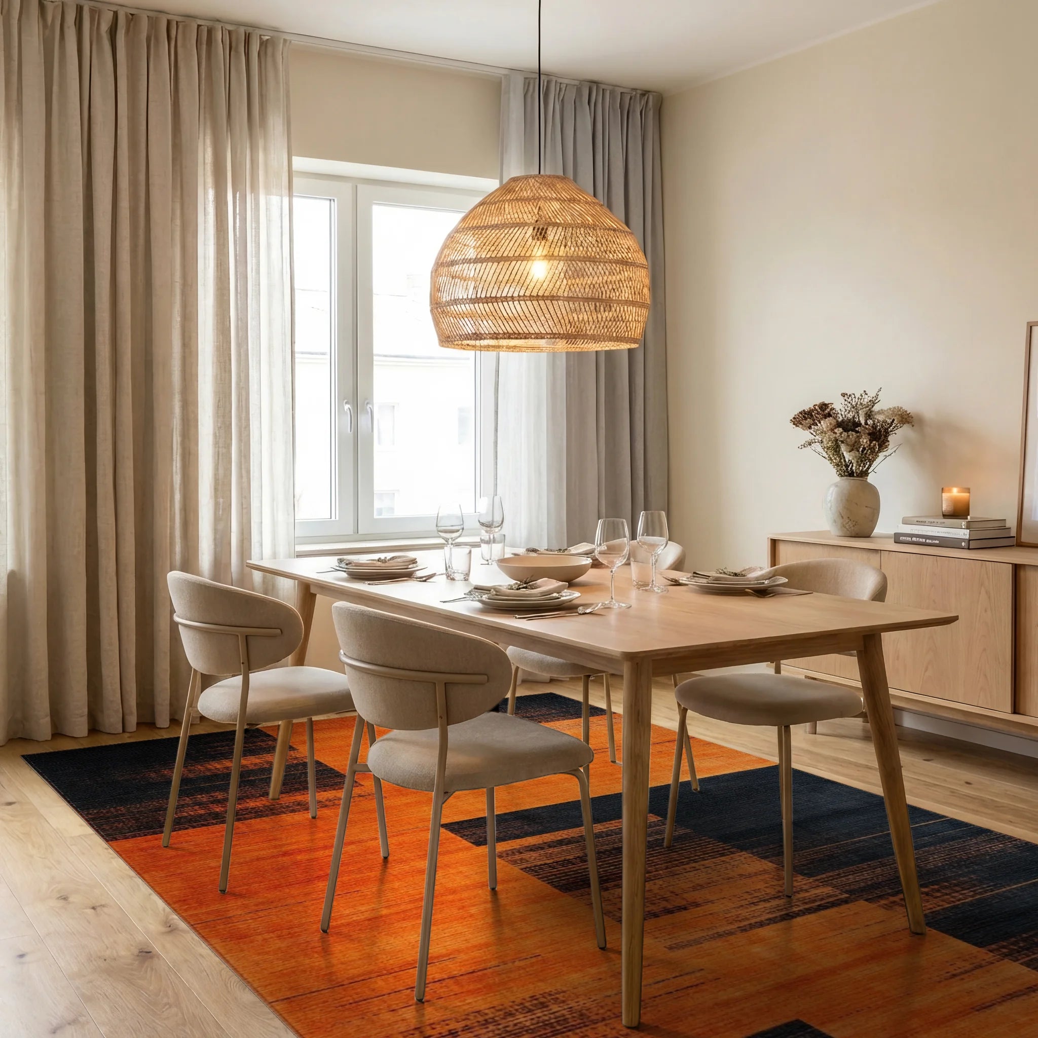Bold Orange Black Geometric Blocks Rug - Dining Room View