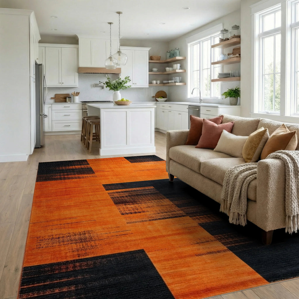 Bold Orange Black Geometric Blocks Rug - Living Room View