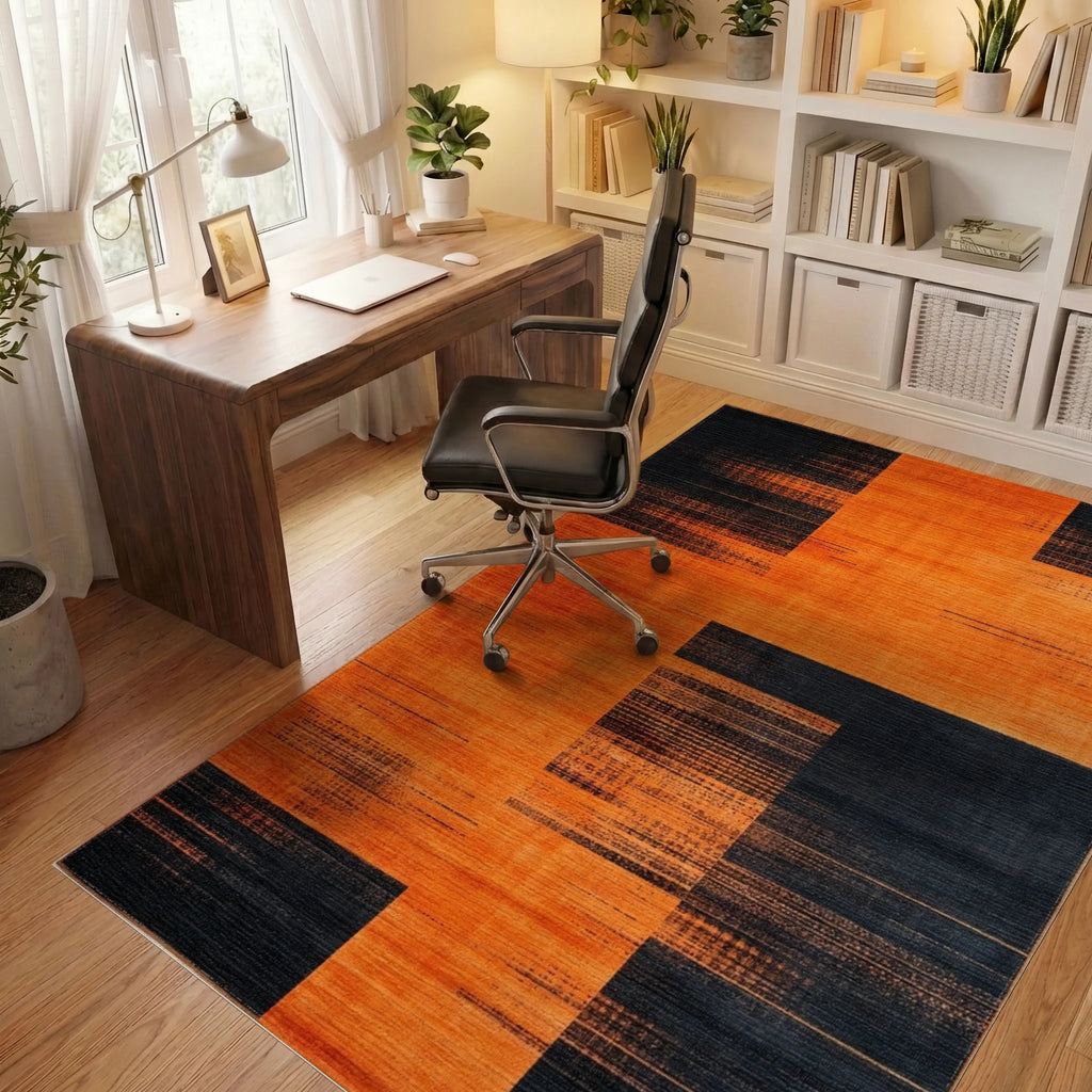 Bold Orange Black Geometric Blocks Rug - Office View