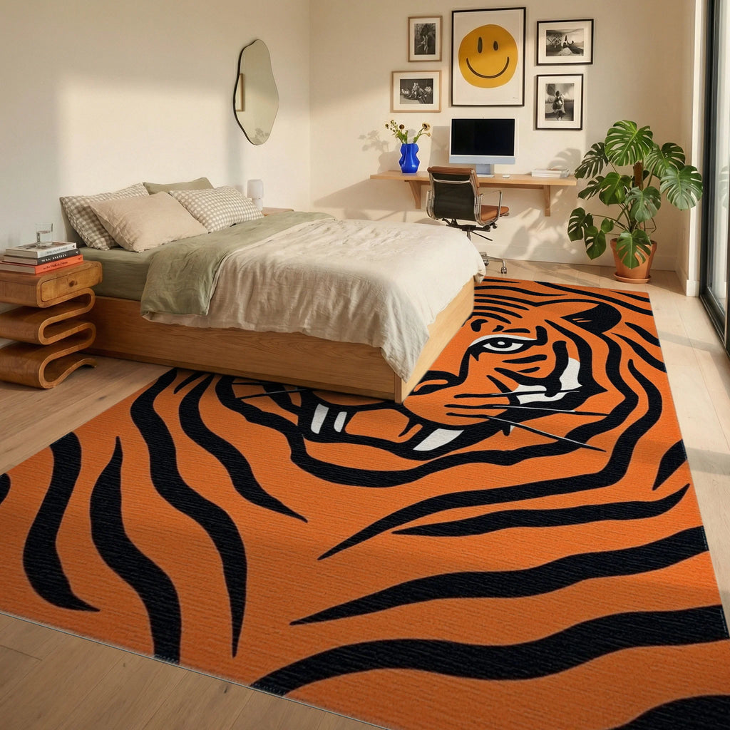 Bold Orange Black Tiger Stripes Rug - Bedroom View