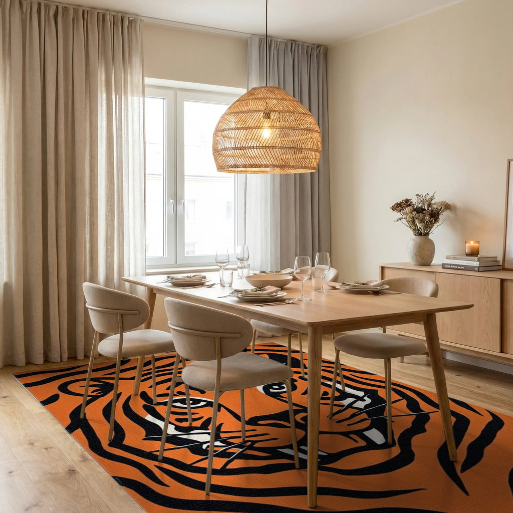 Bold Orange Black Tiger Stripes Rug - Dining Room View