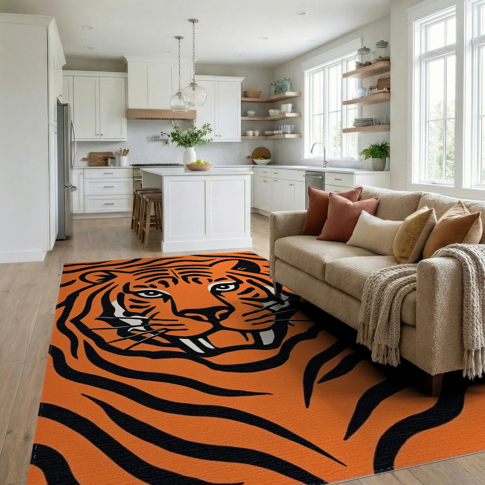 Bold Orange Black Tiger Stripes Rug - Living Room View
