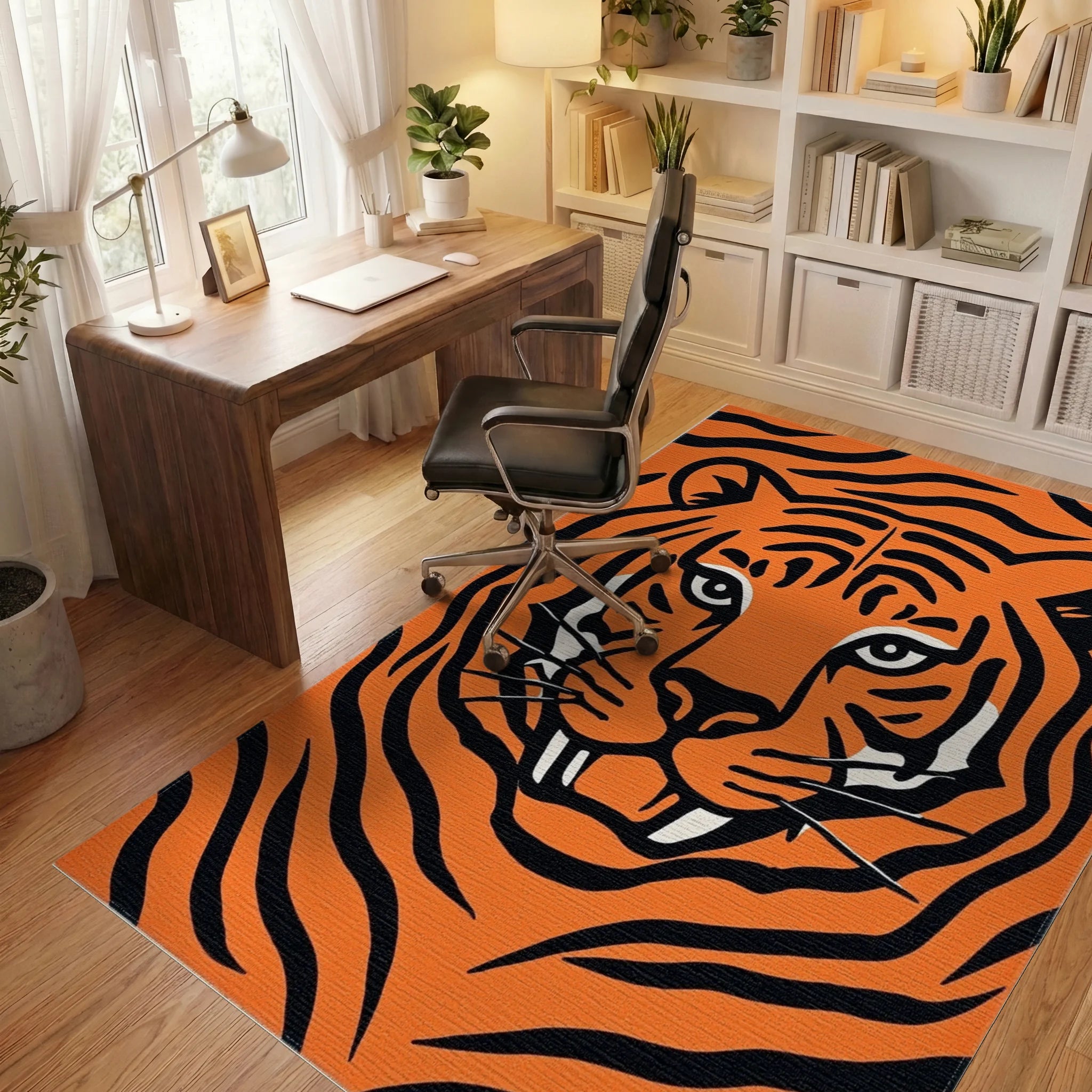 Bold Orange Black Tiger Stripes Rug - Office View