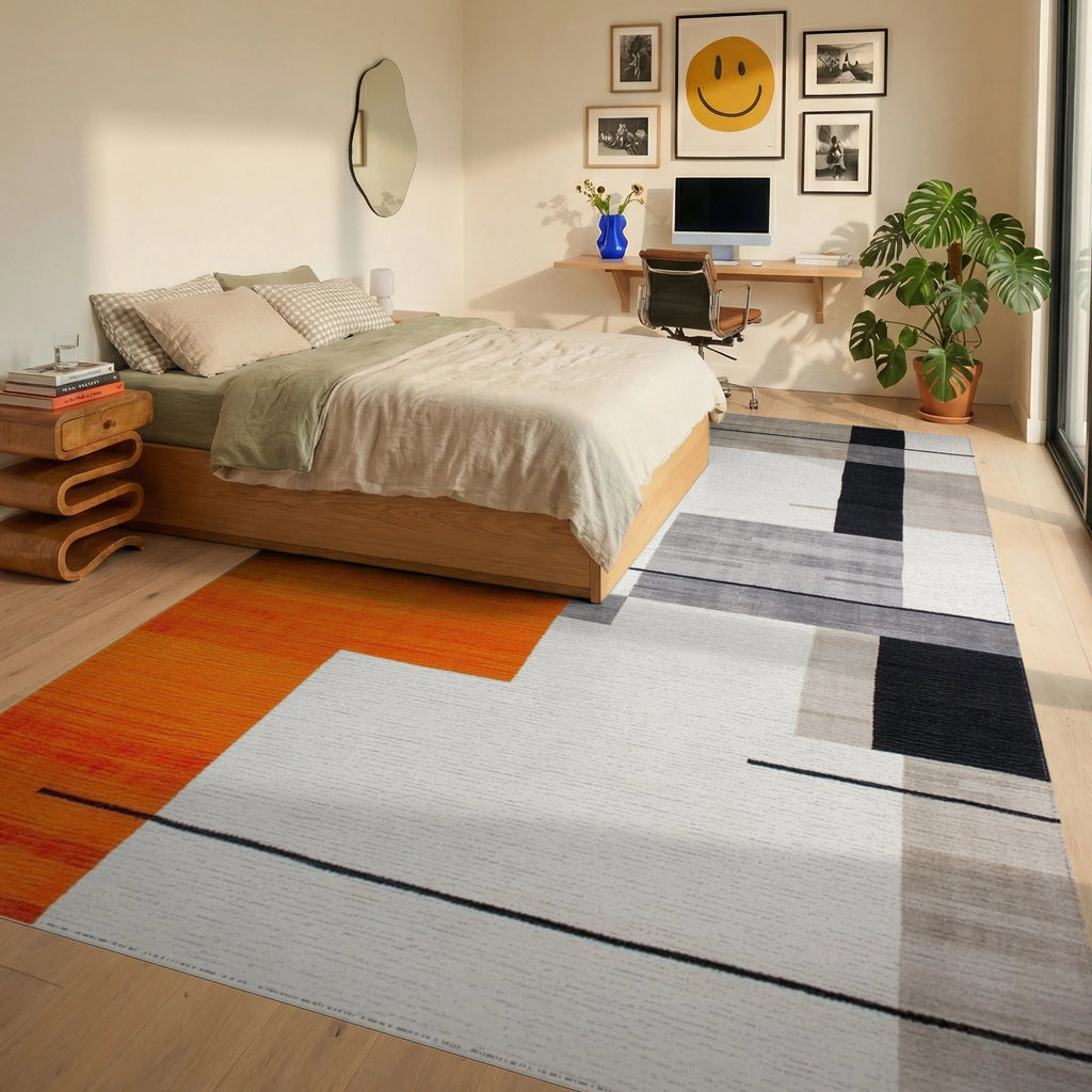 Bold Orange Geometric Block Rug - Bedroom View