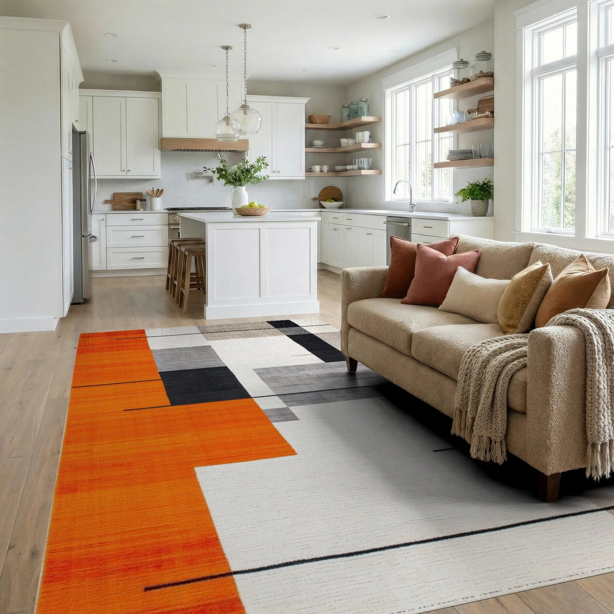 Bold Orange Geometric Block Rug - Living Room View