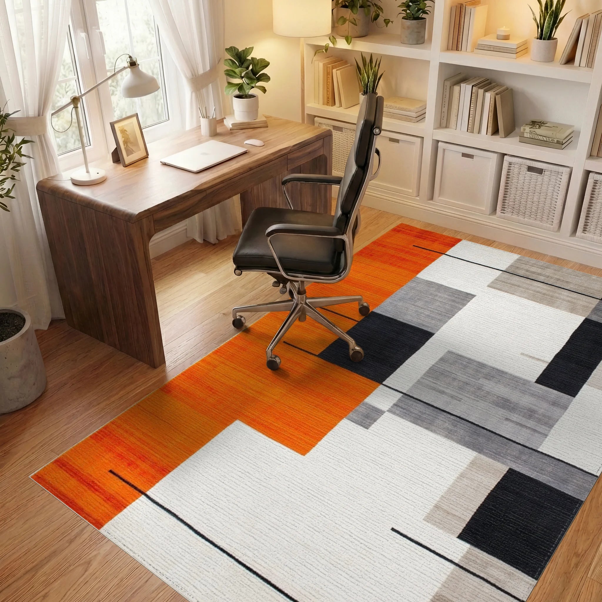 Bold Orange Geometric Block Rug - Office View