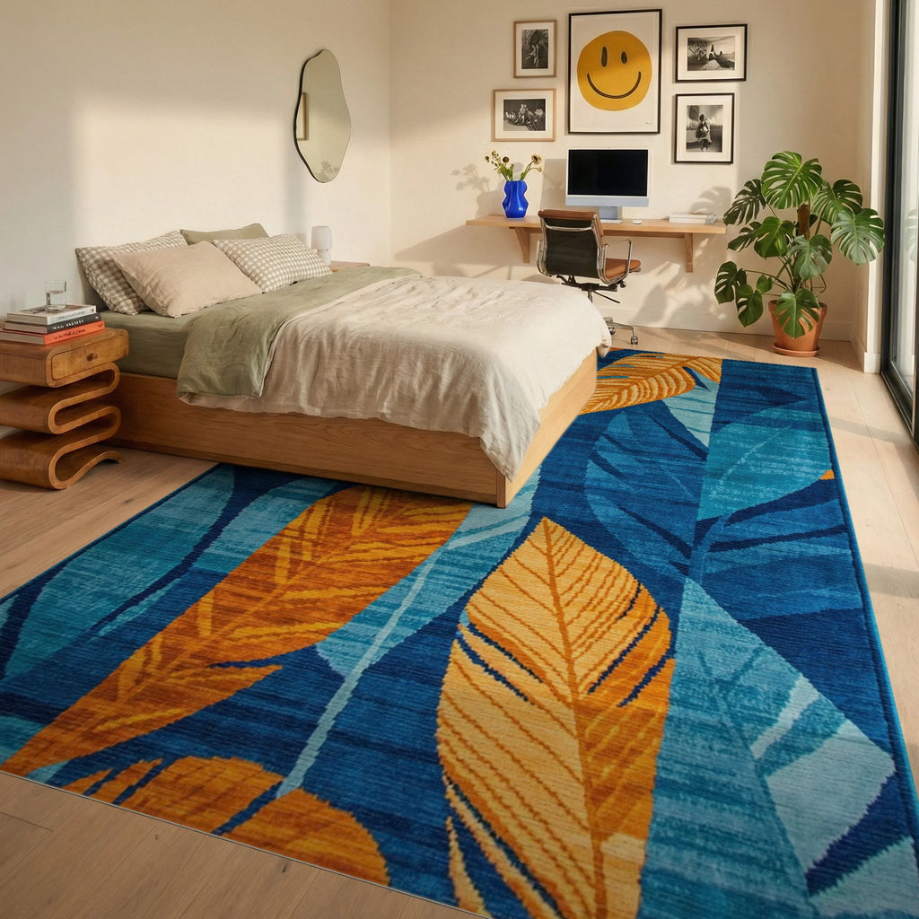 Bold Orange Leaf Tropical Blue Background Rug - Bedroom View