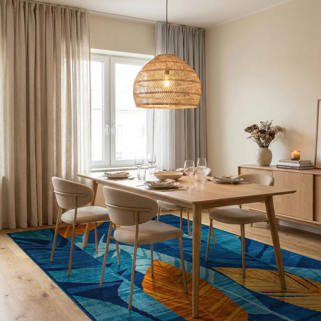 Bold Orange Leaf Tropical Blue Background Rug - Dining Room View