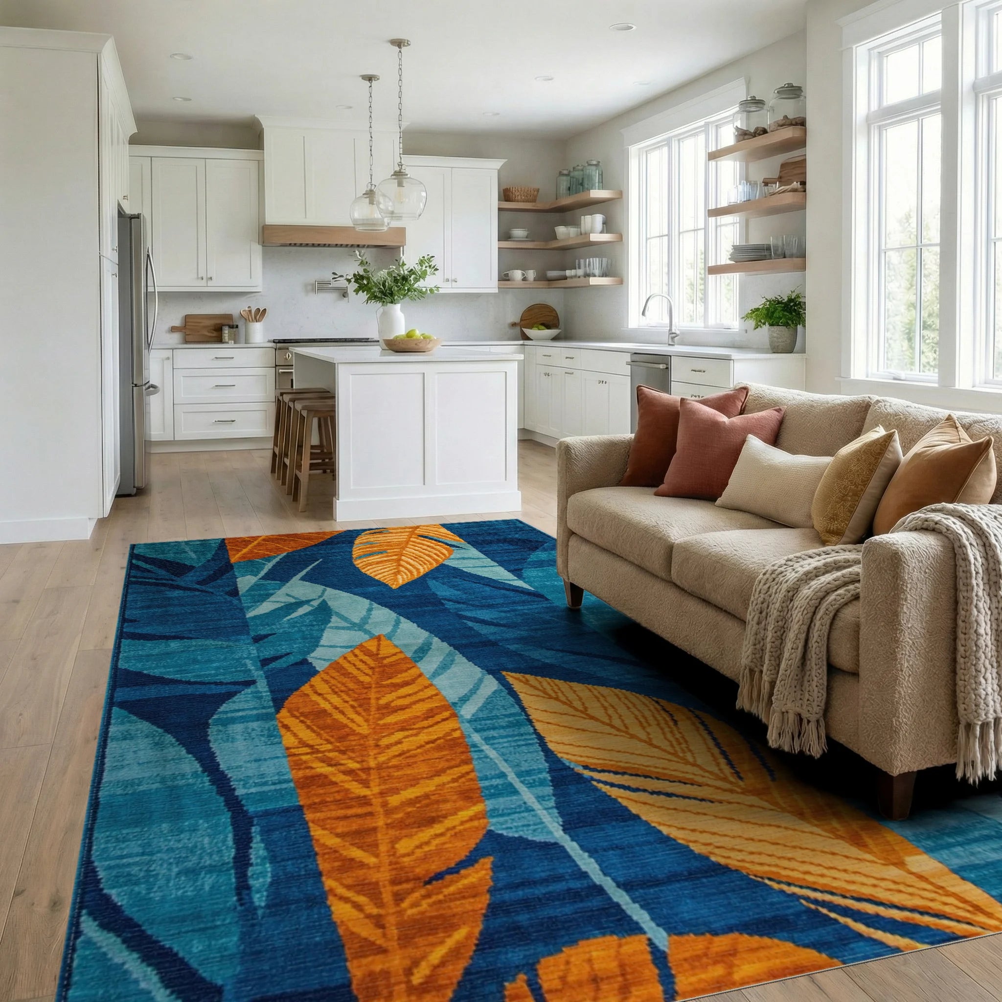 Bold Orange Leaf Tropical Blue Background Rug - Living Room View