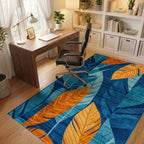 Bold Orange Leaf Tropical Blue Background Rug - Office View