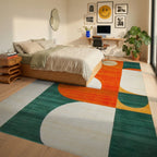 Bold Orange Teal Geometric Circles Rug - Bedroom View