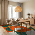 Bold Orange Teal Geometric Circles Rug - Dining Room View