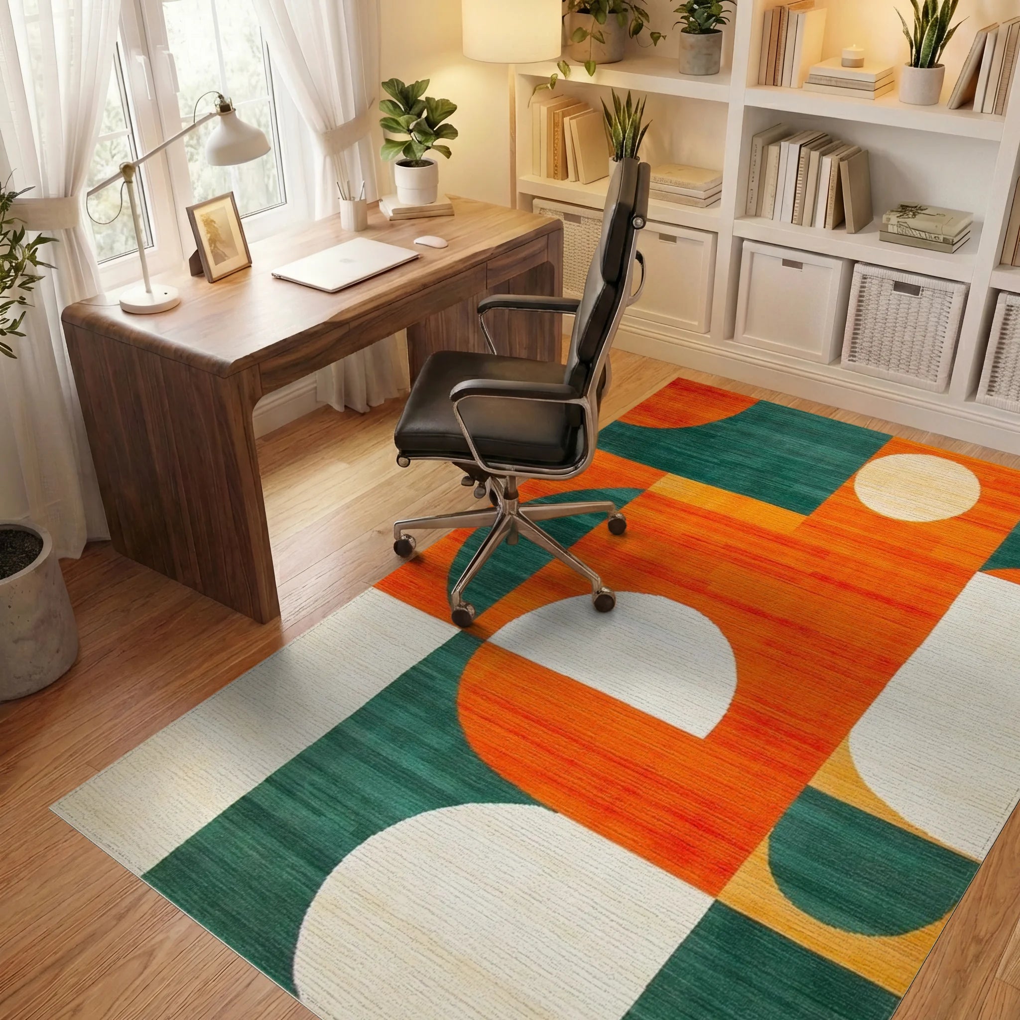Bold Orange Teal Geometric Circles Rug - Office View