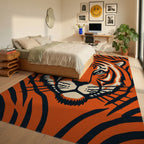Bold Orange Tiger Face Abstract Rug Bedroom View