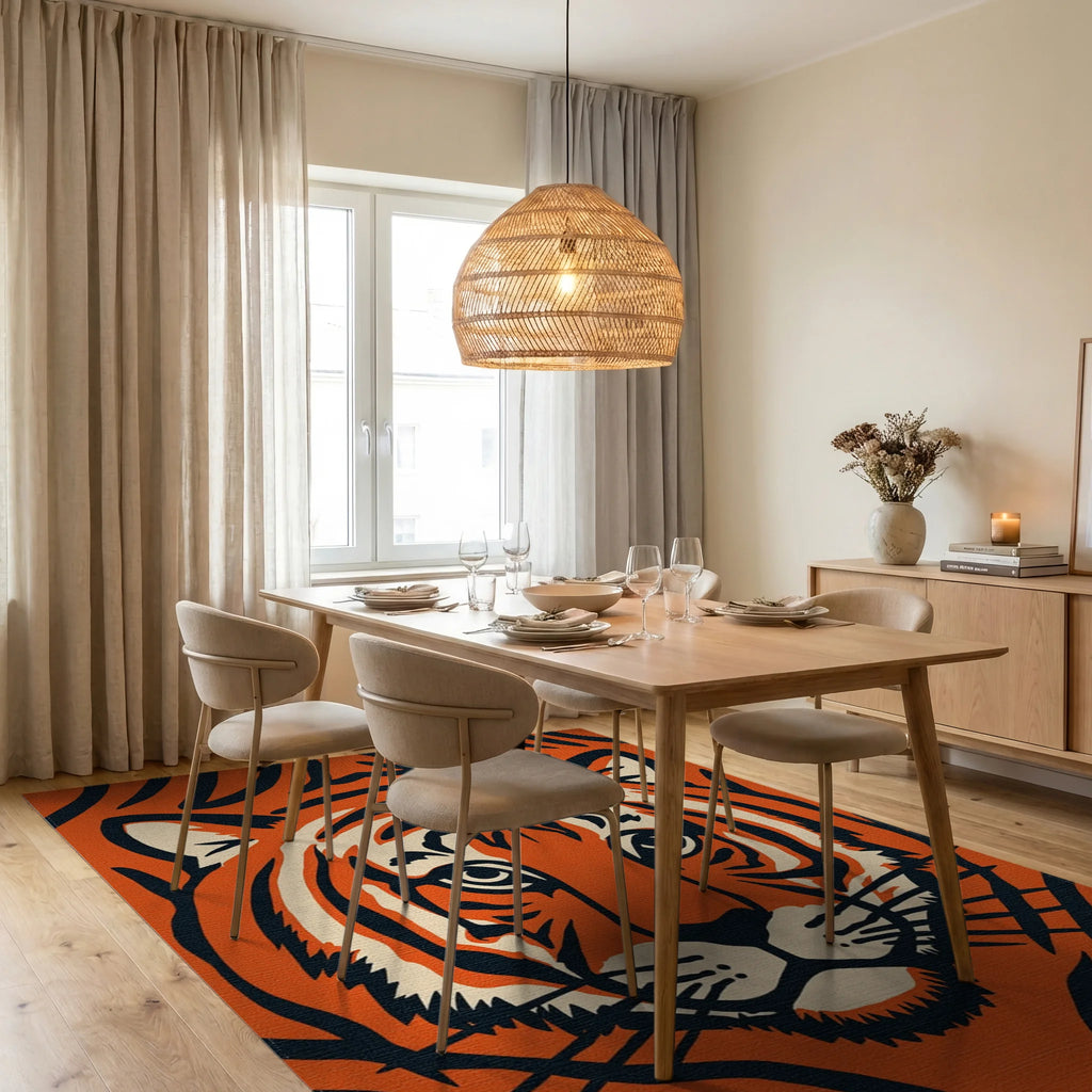 Bold Orange Tiger Face Abstract Rug Dining Room View