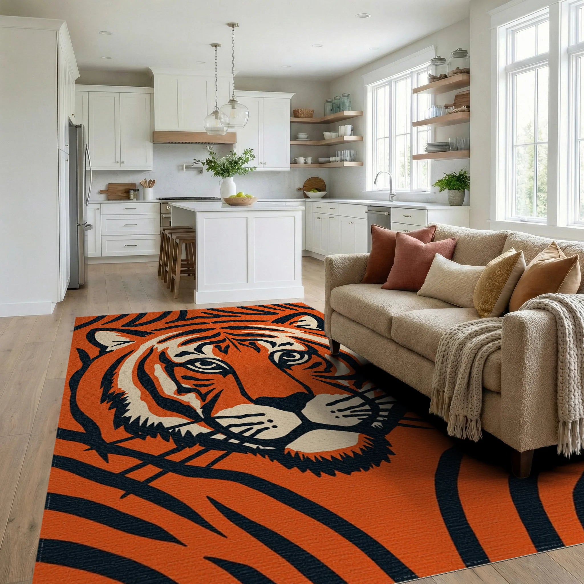 Bold Orange Tiger Face Abstract Rug Living Room View
