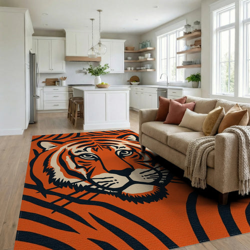 Bold Orange Tiger Face Abstract Rug Living Room View