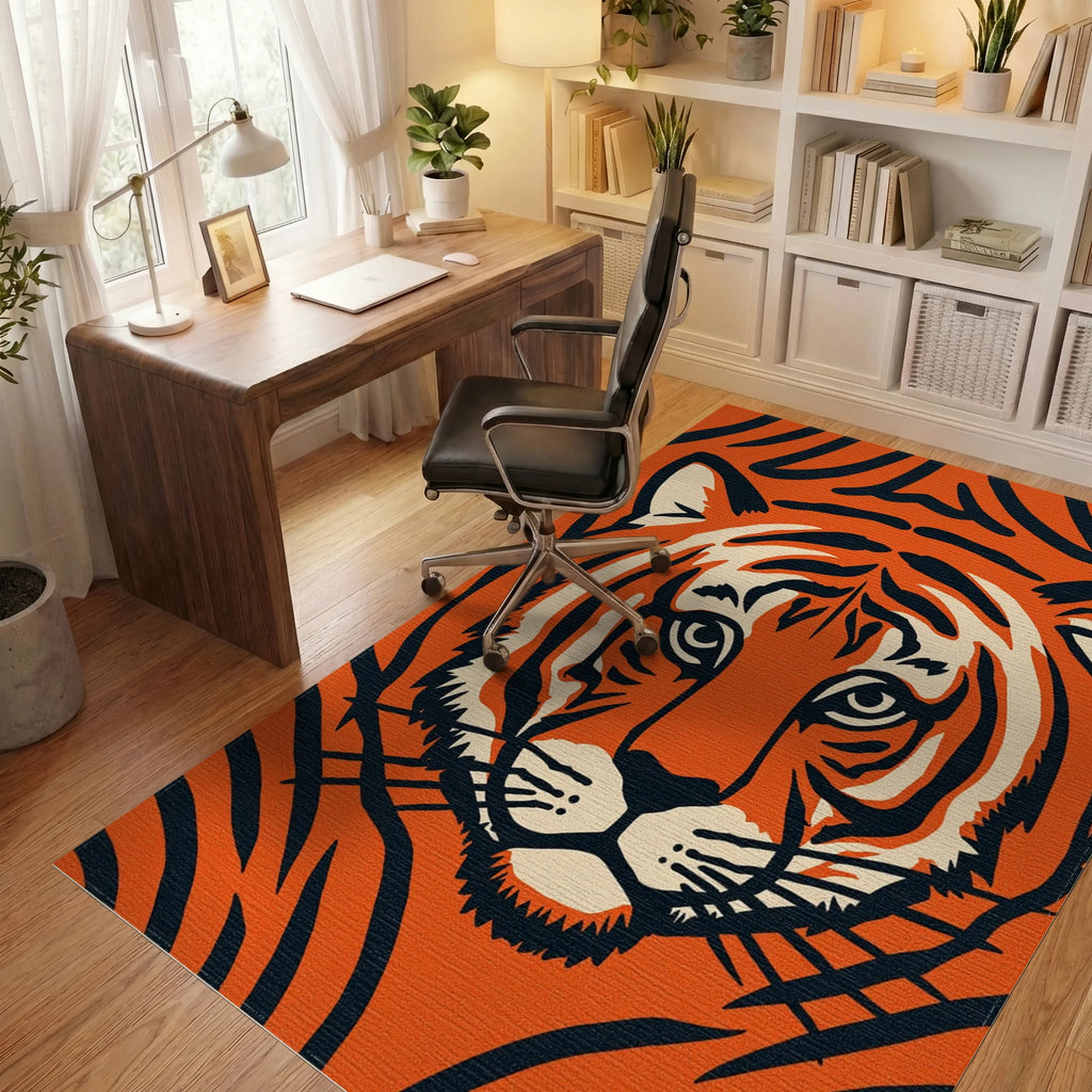 Bold Orange Tiger Face Abstract Rug Office View