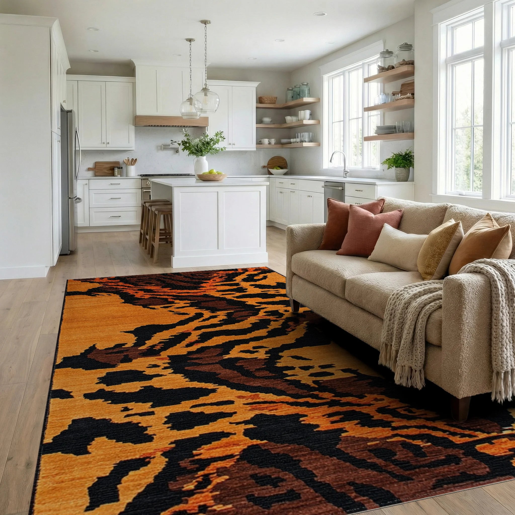 Bold Orange Tiger Stripe Rug - Living Room View
